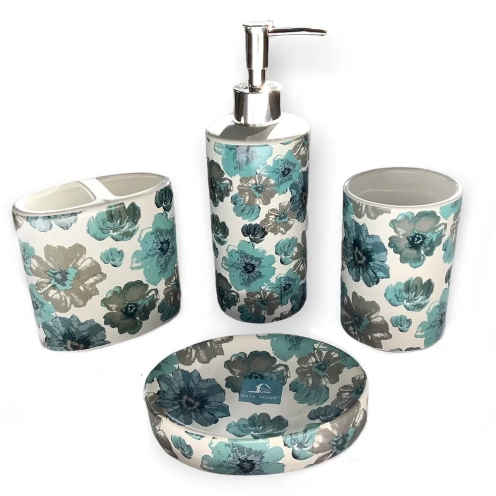 Floral Bath Accessory Ceramic Set Sun Splash Collection White Blue 4 Piece Set